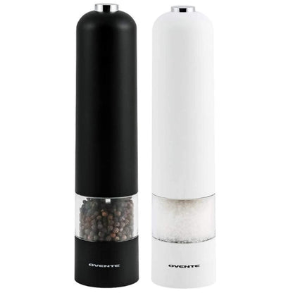 OVENTE Set of 2 Electric Salt & Pepper Mill Grinder, Battery Powered Stainless Steel Blades Automatic One Handed Operation with light and Adjustable Coarseness, Black and White SPD102BW