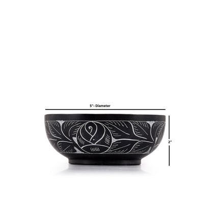 Kaizen Casa Hand Carved Natural Stone Smudge Bowl, White Leaf Design | Size 5' x 2' Black Ritual Bowl Display Jewelry Dish Kitchen Table Decor Gift