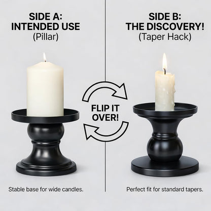 Matte Black Iron Pillar Candle Holders, 2pcs Reversible Design for Pillar & Taper Candles, Living Room Dining Table Fireplace Decor, Meditation, De-Stress, Romantic Ambiance