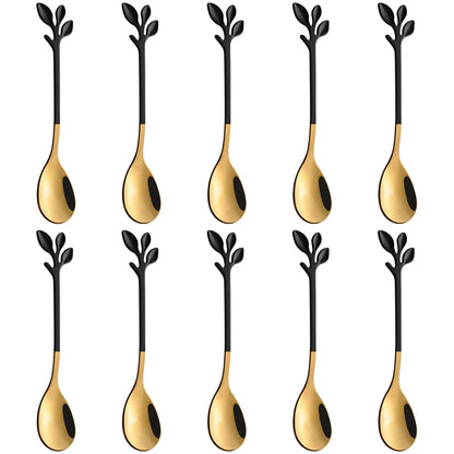 AnSaw Elegant Black & Gold Leaf Coffee Spoons - 10-Piece, 4.7" Mini Spoon