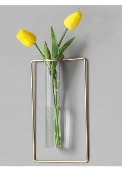 Nordic Wall Vase,Gold Geometric Vase Hanging Hydroponic Planter,Wall-Mounted Metal Glass Tube Bud Vase Decorative for Centerpieces Wedding Home Decor(Gold 1)