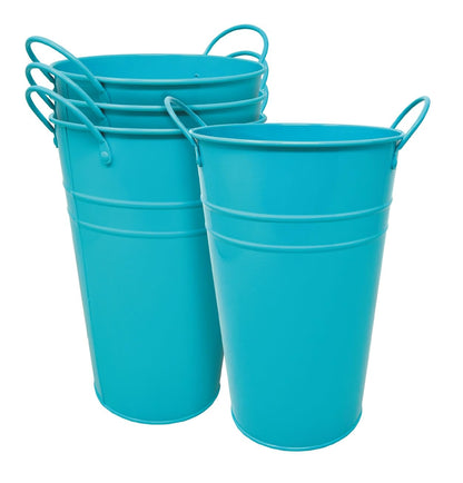 DAHO 4 Pack 9 Inch Tall Metal Planters with Handles, Flower Vases, Farmhouse Rustic Buckets for Home Decor, Garden, Patio, Party, Wedding Decorations, Farmhouse (Blue, 9.06")