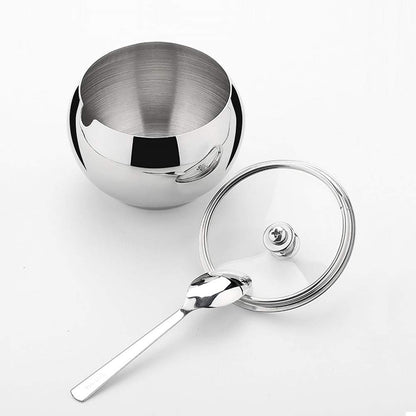 KEMIYIXIAN Stainless Steel Sugar Bowl with Lid and Spoon, Polished Shiny Condiment Pots for Serving Sugar Pepper Salt Spice- 330ml/ 11.6 Oz