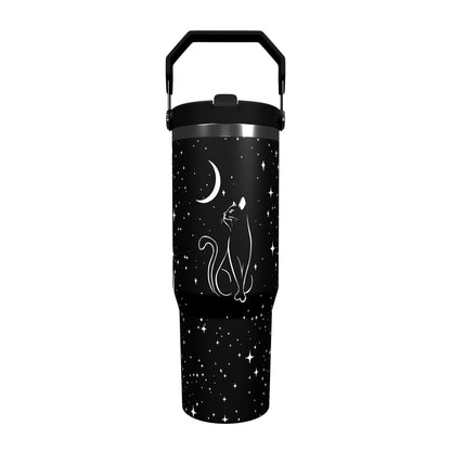 Boho 30oz Tumbler with Straw and Lid Gift for Boys Girls Sun Moon Water Bottle Travel Kettle Cup for Car Cold and Hot Stainless Steel Double Wall Insulated Mug (star cat)