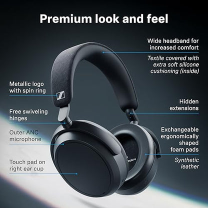 Sennheiser Momentum 4 Wireless Noise Cancelling Headphones - Bluetooth Headset for Crystal-Clear Calls with Adaptive Noise Cancellation, Over-Ear Headphones, 60h Battery Life, Folding Design, Black
