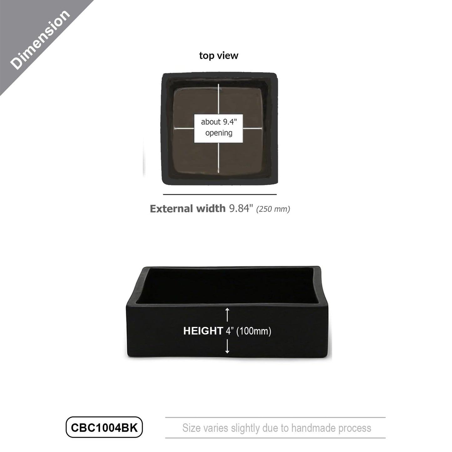WGVI Black Square Ceramic Vase, Width 10", Height 4", Elegant Morden Short Square Pan Floral Succulent Planter Terrarium Pot Container Tabletop for Accent Home Decor 1 Piece