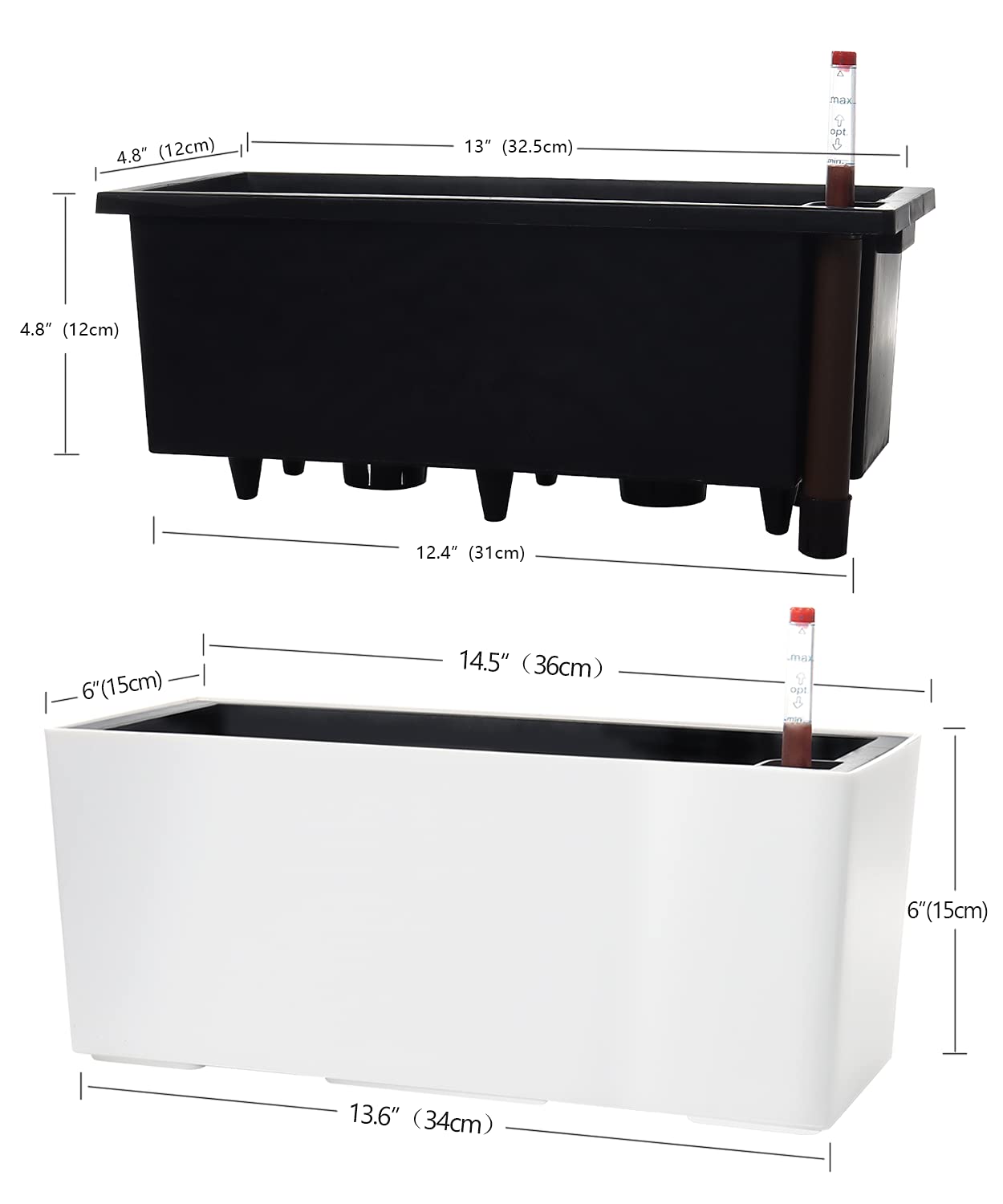 SAROSORA 14" Self Watering Planter Pots with Water Level Indicator, Rectangle Matte Plastic Window Box for Indoor Outdoor, Herbs Succulents Flowers House Plants (White)