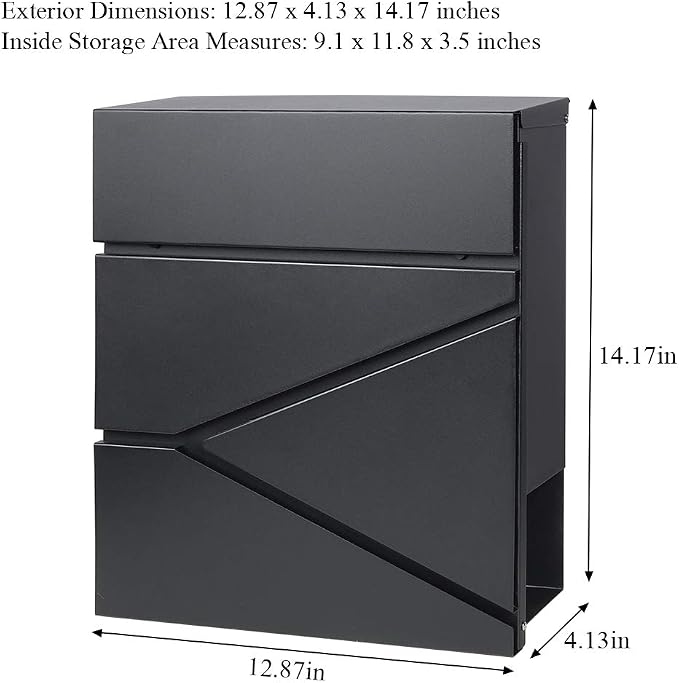 Jssmst Locking Mailbox Wall Mount- Waterproof mailboxes with Secure Key Lock and Newspaper Compartment, Key Lock Drop Box Extra Large Capacity, 12.9 x 4.1 x 14.2 Inch, Black, SM-HPB933 New