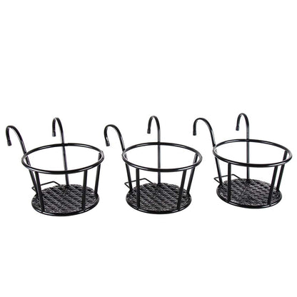 HowRU Iron Art Hanging Baskets Flower Pot Holder - Over The Rail Metal Fence Planters - Pack of 3 - Black