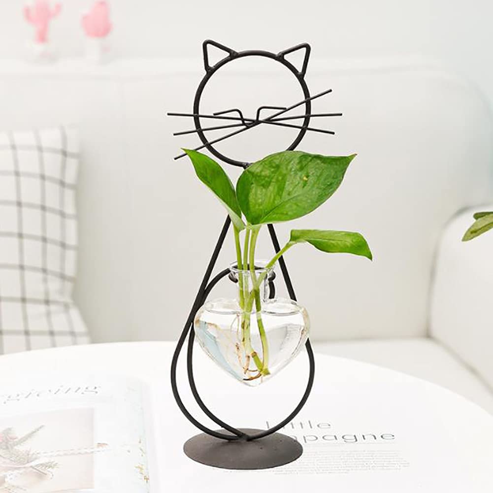 Lifeuping Desktop Heart Glass Planter Vase Holder, Cat Plant Metal Stand Cat Gifts for Hydroponics Plants Terrarium Home Garden Decor Outdoor Planter Ideas Cat Lovers