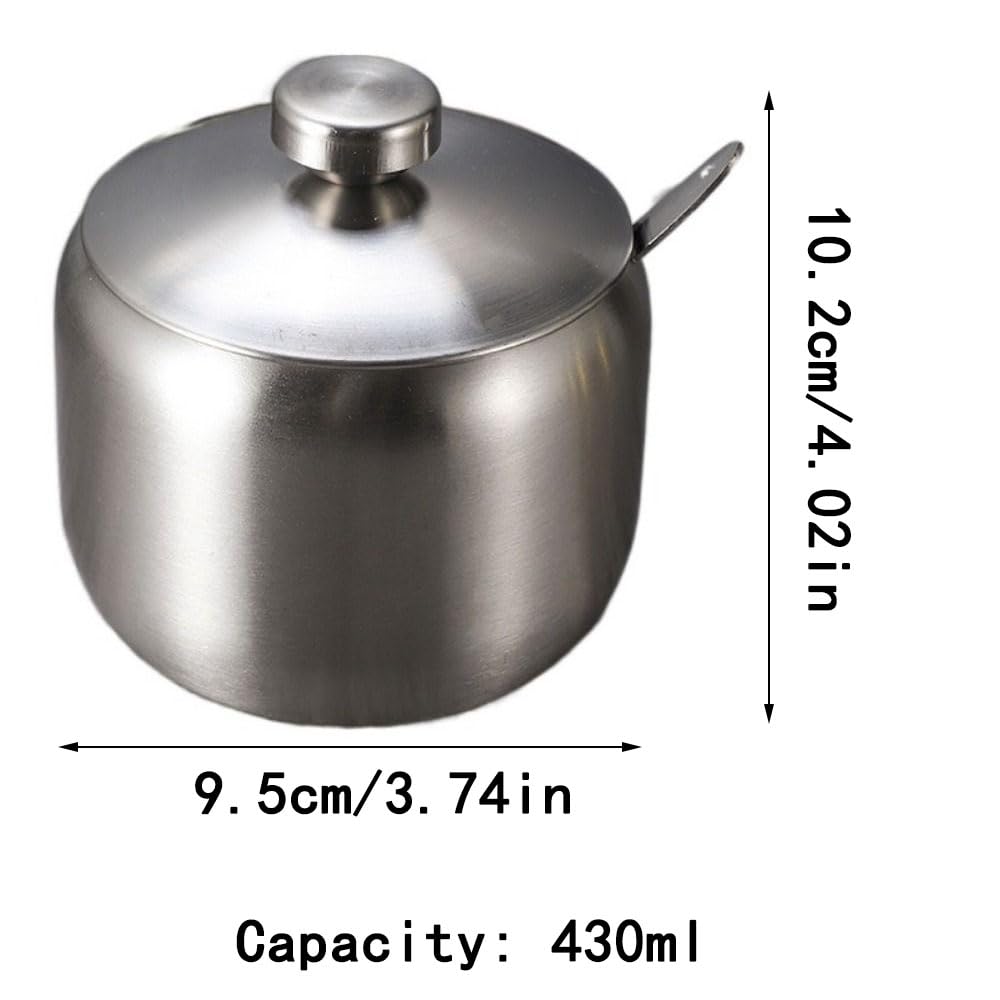 zaoalife Sugar Bowls 430ml Stainless Steel Sugar Bowl with Lid and Spoon Salt Pepper Spices Bowl Spice Jar Seasoning Pot Condiment Container for Home Kitchen