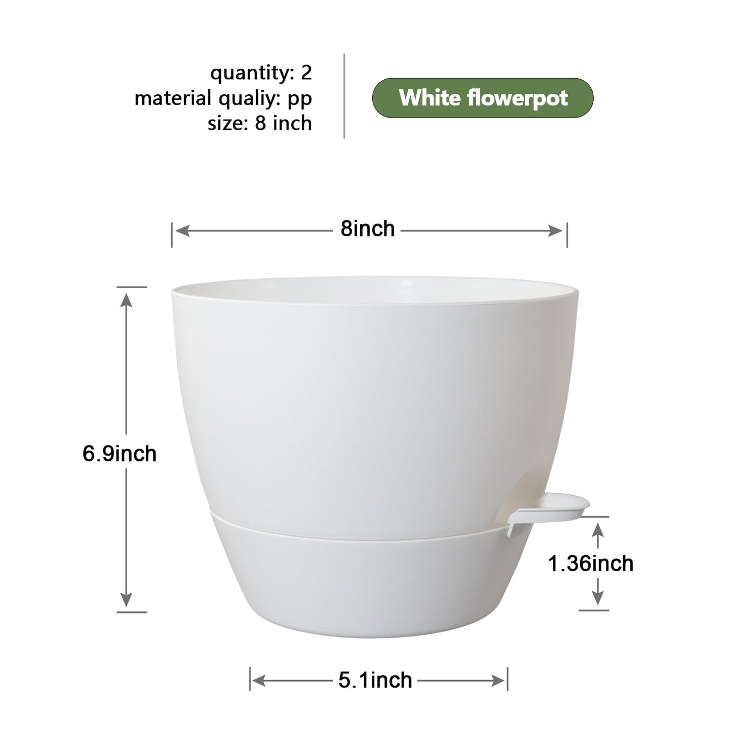 WSMKSZ 8 inch Self Watering Pots, Planter, Plant Pots with Mesh Drainage Holes for Indoor Outdoor House Plants and Garden, 2 Pack Plastic Flower Pots with Deep Reservoir for Patio Porch, White