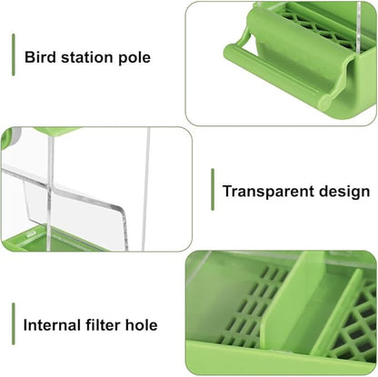 Automatic Bird Feeder with Perch, No Mess Transparent Parrot Food Dispenser for Small Medium Birds Parrots, Finches, Lovebirds, Canaries