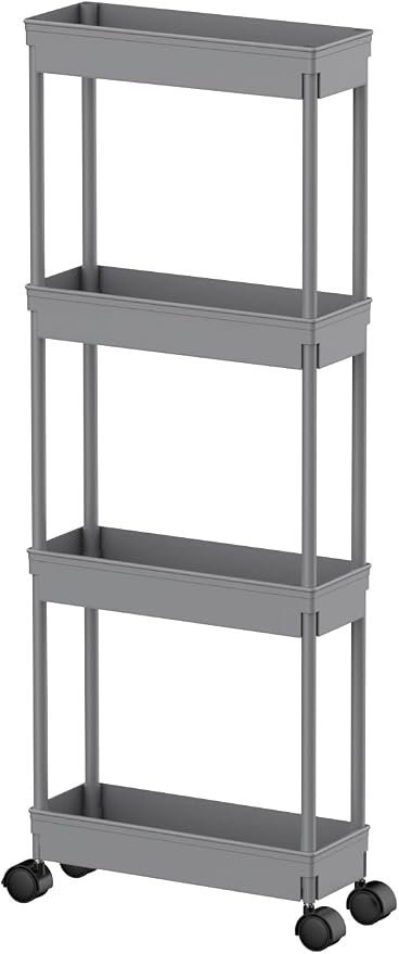 Sooyee 4 Tier Slim Storage Cart,Rolling Storage Cart,Narrow Shelf,Bathroom Rack,Mobile Shelving Unit Organizer for Kitchen, Bathroom, Laundry Room, Grey