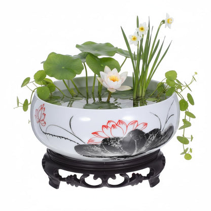 Veemoon Ceramic Lotus Bowl Planter, Chinese Hydroponic Pot with Base Round Pottery Shallow Planter Flower Plant Succulents Bowl Thickened No Drainage Pot for Indoor Outdoor Zen Garden Decor (6.68")
