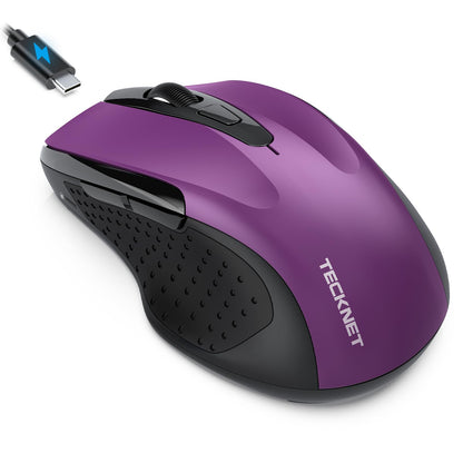 TECKNET Rechargeable Jiggler Wireless Mouse (BT5.0/3.0 & 2.4G) 4800 DPI Silent USB A & Bluetooth Mouse 6 Buttons, Wide Compatibility - Black