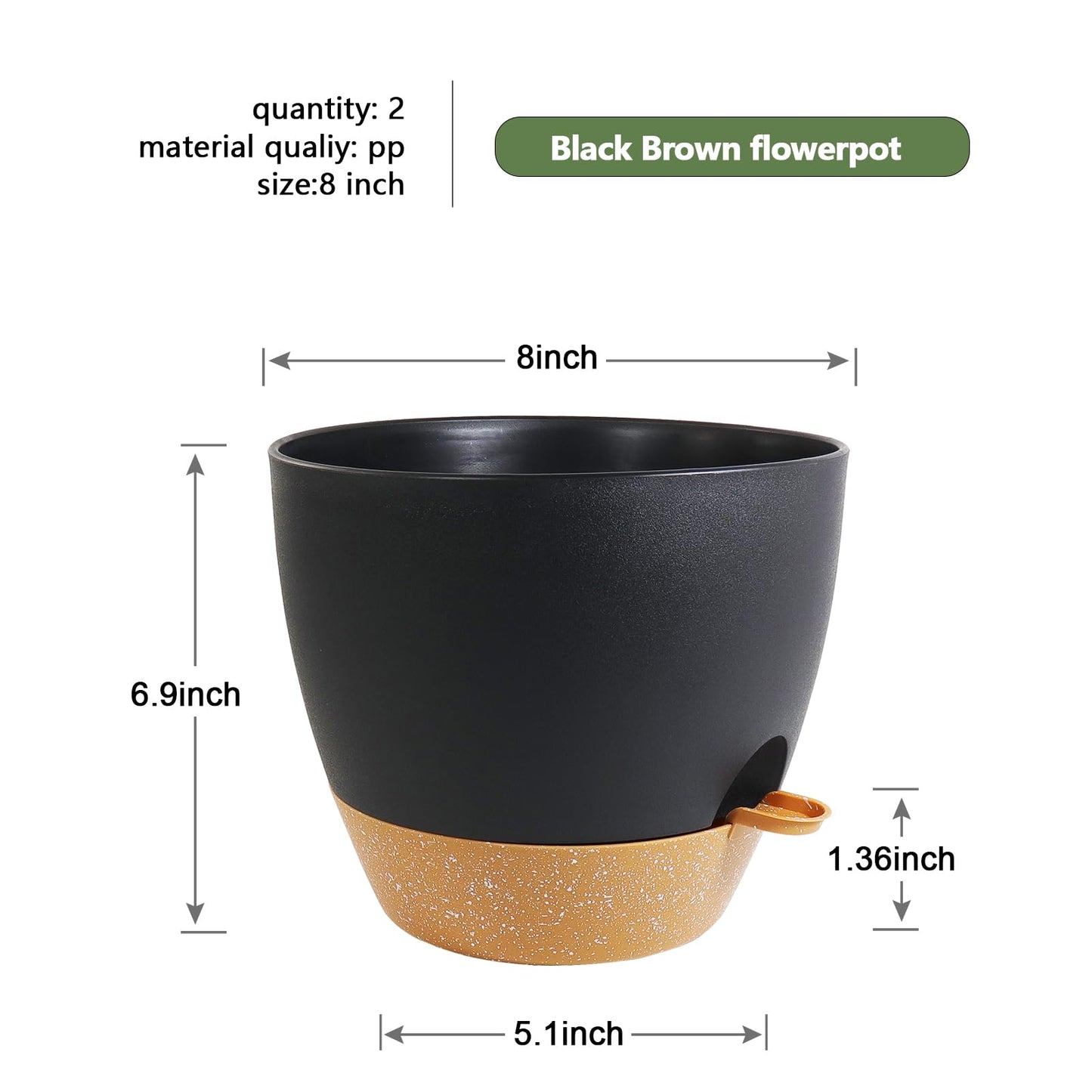WSMKSZ 8 inch Self Watering Pots, 2 Pack Plastic Planters with Mesh Drainage Holes for Garden Plants and Flower, Plants Pots with Deep Reservoir for Indoor Outdoor Plants, Black with Brown