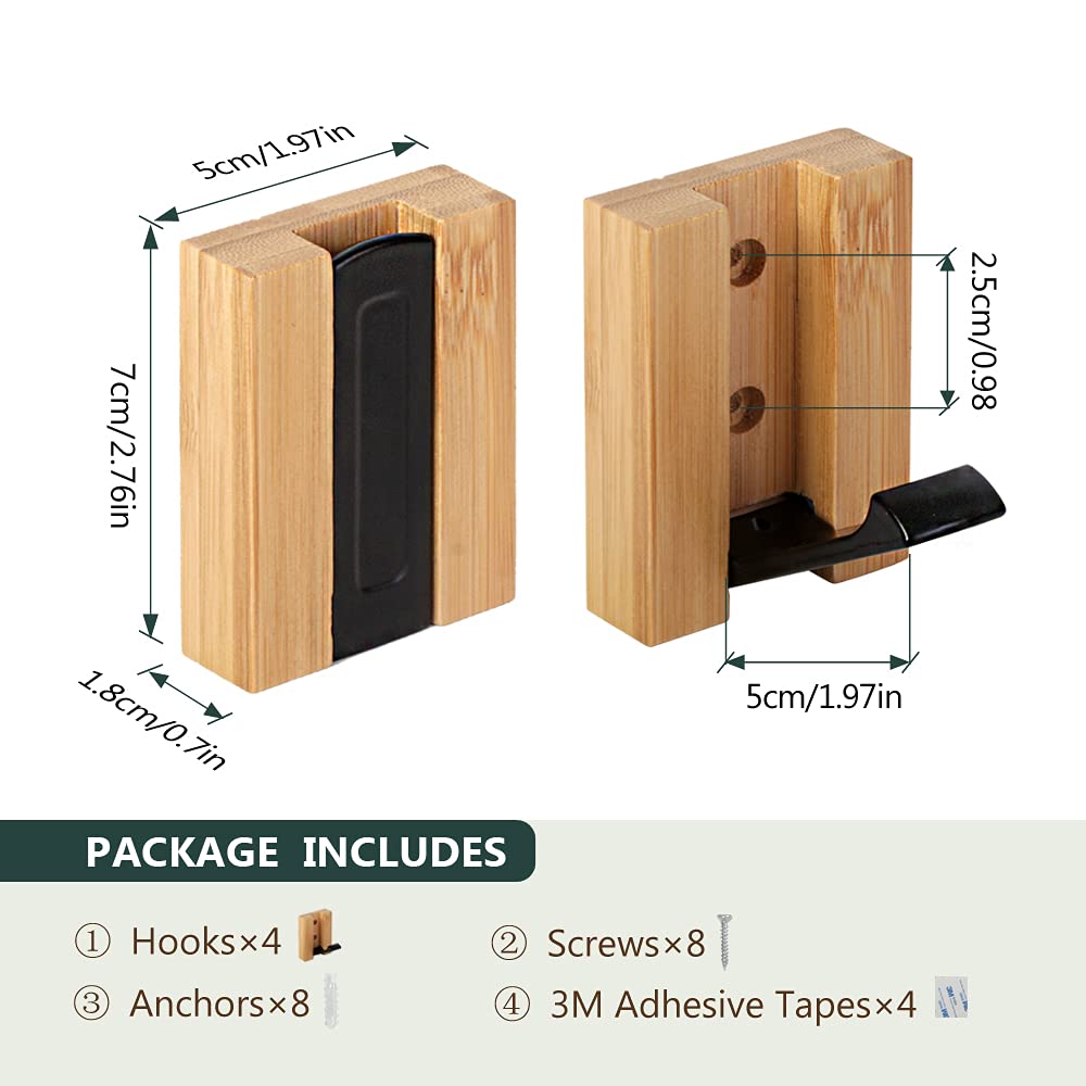 JSVER Wooden Wall Hooks 4PCS Wall Mounted Wall Hooks, Single Organizer Hook Rack, Folding Wood Wall Hangers, Wall Coat Rack Hooks for Hanging Clothes, Hats, Bags, Towels, Keys