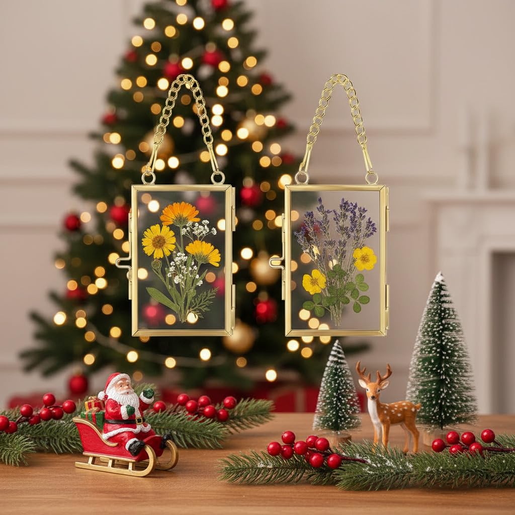 WHYTOOPY Pressed Flower Frames with Tweezers,Wall Hanging Double Glass Frames 2x3 with Metal Chain for Dried Flowers Plants,Floating Photo Frame for Display Gallery Artwork,Golden, 4 Pack