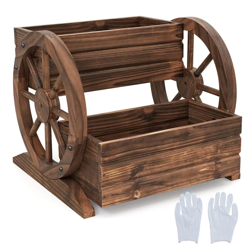 Piler Rustic 2-Tier Wooden Wagon Planter, Carbonized Fir Wood, Coffee Color, Raised Garden Bed with Wagon Wheel Design, 18 x 17.5 x 14 Inches, for Flowers, Herbs and Vegetables