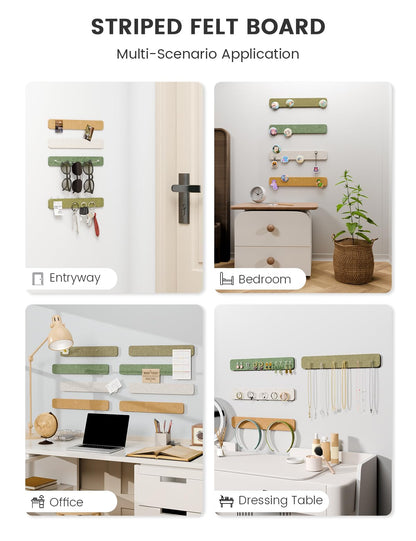 Fluxynara Cork Board Alternative Felt Strip Board 8-Pack 13"x2", Office Pin Board with 50 Push Pins, Adhesive Install for Bedroom Door & Home Office (Olive Grove)