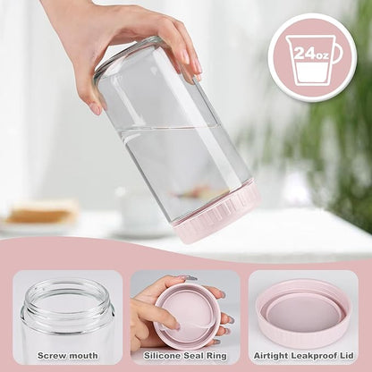 SHOWIN Overnight Oats Containers with Lids, 24oz Glass Jars with Lids 2 pcs, Pink, Wide Mouth Mason jars for Salad, Yogurt, Snacks, Meal Prep