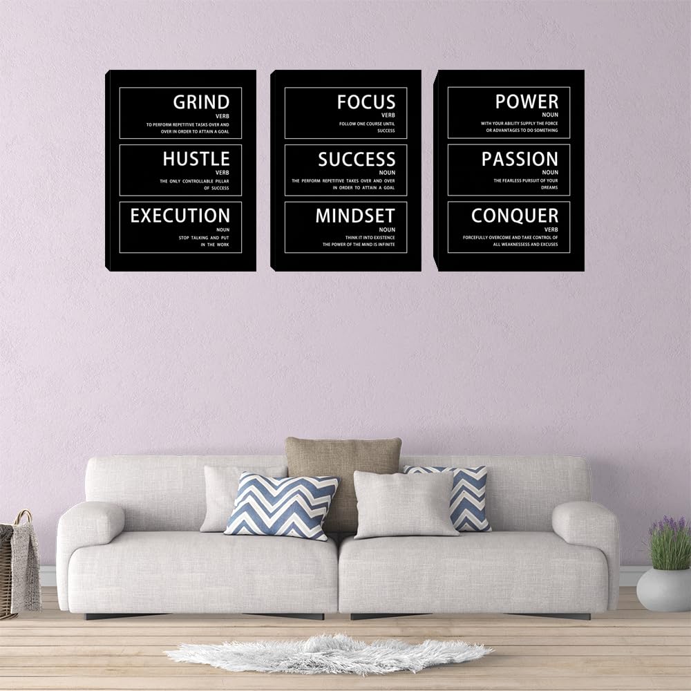 Yetaryy Motivational Wall Art - Hustle Grind Execution Quotes - 3 Piece Inspirational Success Mindset Wall Art Poster Canvas Office Decor - 36" W x 16" H