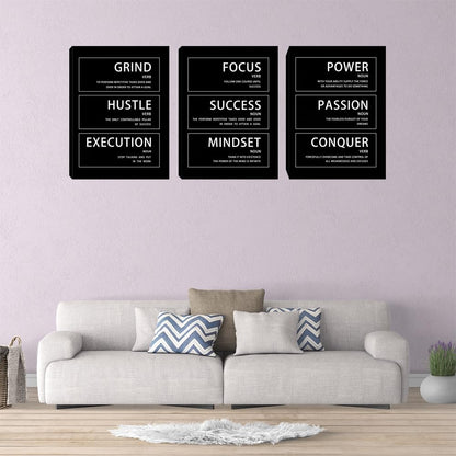Yetaryy Motivational Wall Art - Hustle Grind Execution Quotes - 3 Piece Inspirational Success Mindset Wall Art Poster Canvas Office Decor - 36" W x 16" H