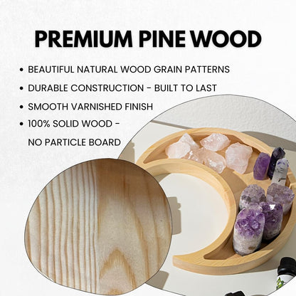 Natural Pine Wood Moon Crystal Display Tray with Dish - Wooden Altar Tray 9.6" x 4.2" for Crystals and Stones Storage - Solid Wood Jewelry Organizer - Bohemian Spiritual Decor