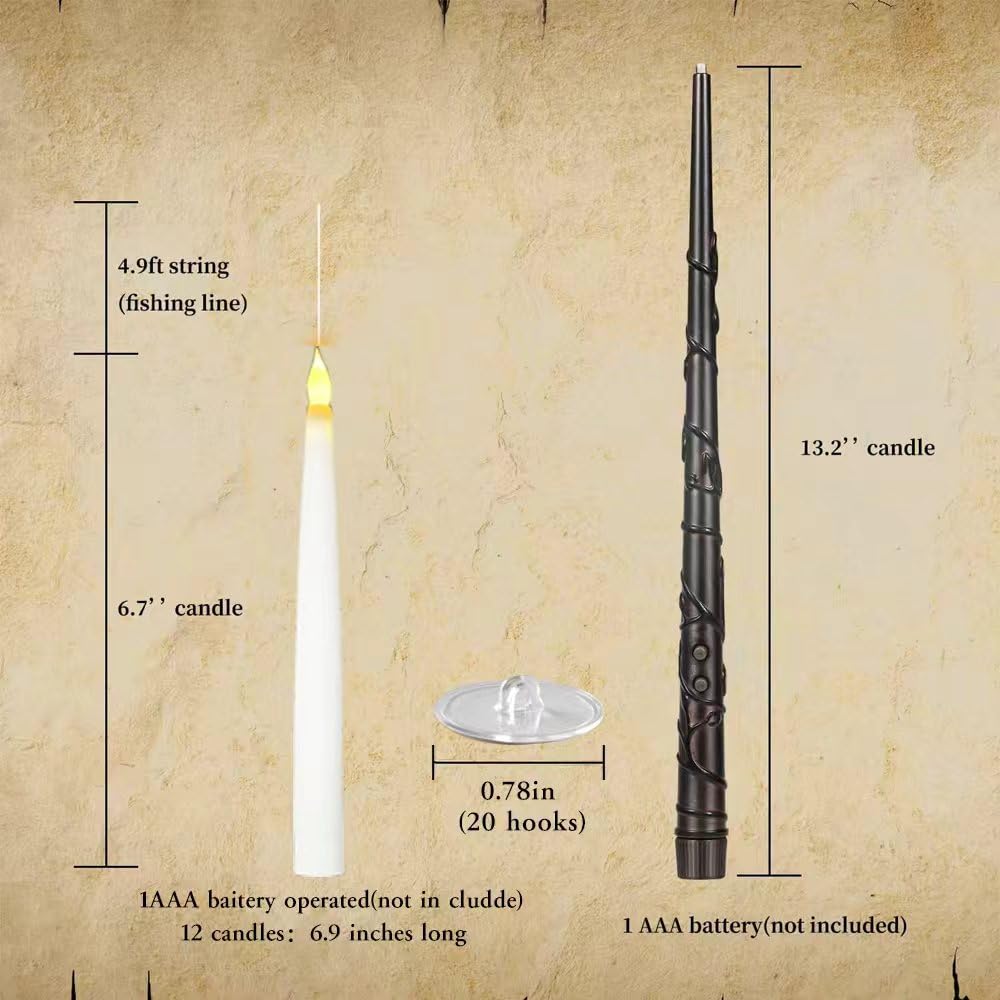 xunhuimemory 12 Pcs Floating Candles with Wand, LED Flickering Warm Light Magic Deco Candle, Flameless Taper Candles Battery Operated for Halloween Party Decor with Wand Remote Candle Wand Remote