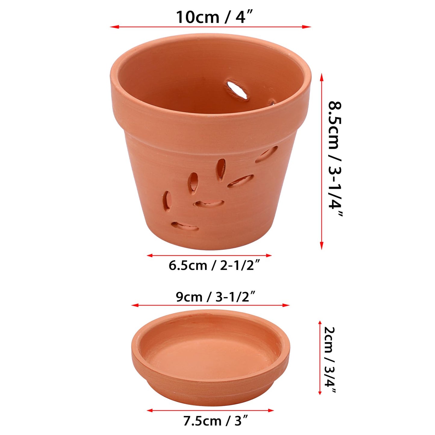 JUXYES 6 Pack Small Terracotta Orchid Pots with Holes and Saucers, Clay Orchid Planter Pots for Repotting, Plant Flower Pots for Orchid Indoor and Outdoor Promotes Air Circulation, 4 Inches