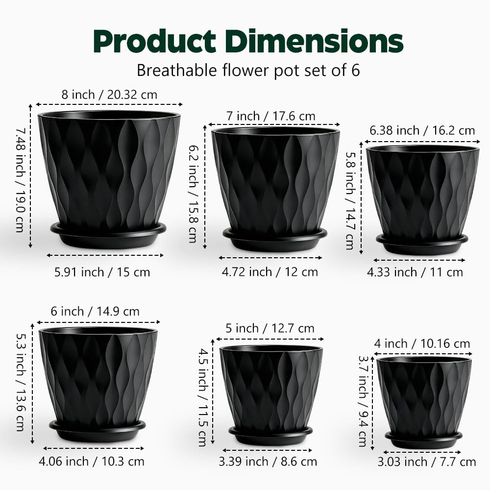 KEETUMOOD Plant Pots, Self Watering Planters with Drainage Holes and Trays, Flower Pots for Indoor Outdoor - 6 Pack(4/5/6/6.5/7/8 Inch) (Black)