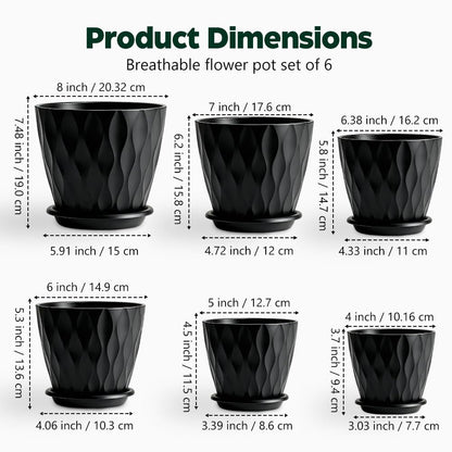 KEETUMOOD Plant Pots, Self Watering Planters with Drainage Holes and Trays, Flower Pots for Indoor Outdoor - 6 Pack(4/5/6/6.5/7/8 Inch) (Black)
