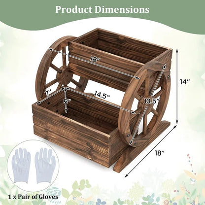 Piler Rustic 2-Tier Wooden Wagon Planter, Carbonized Fir Wood, Coffee Color, Raised Garden Bed with Wagon Wheel Design, 18 x 17.5 x 14 Inches, for Flowers, Herbs and Vegetables