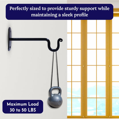 The Metal Magician 2Pc Plant Hangers Outdoor, Indoor, Wrought Iron Metal Hanger Indoor Hook, Heavy Duty Wall Bracket Hooks for Hanging Plants Baskets Lanterns Wind Chimes Black Extended U-Shape