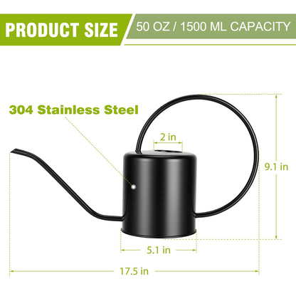 Plant Watering Can, 50 oz / 1500 ml Stainless Steel Metal - Modern Decorative with Long Spout for Indoor Potted Plants, Bonsai, Garden Flowers, Black