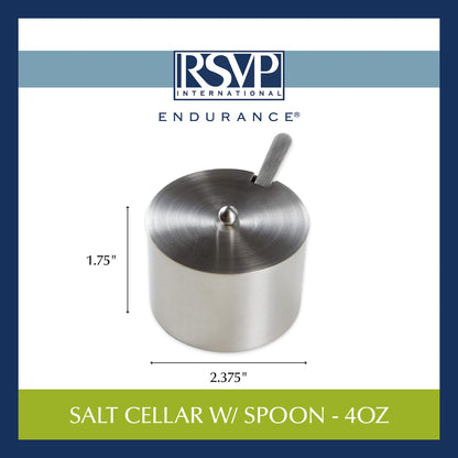 RSVP International Endurance Kitchen Collection Salt Cellar Set with Spoon, 4-Ounce, Brushed Stainless Steel