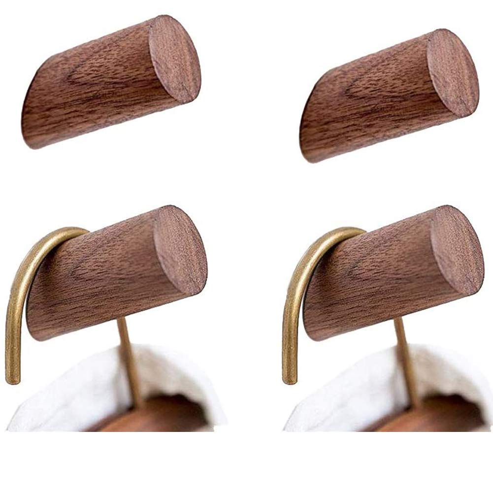 Felidio Wood Wall Hooks, 4 Pack Coat Hooks Wall Mounted, Rustic Wooden Heavy Duty Robe Hook Hat Rack, Hooks for Hanging Bathroom Towels Clothes Hanger (Walnut Wood)
