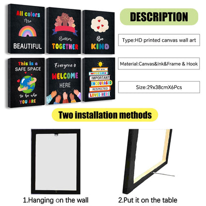 Diversity for Classroom Decorations Canvas Wall Art Decoration,Kindness Diversity ,Teacher for Elementary Classroom DecorLiving Room Canvas Wall Art,Home Deco,Tabletop/Hanging，6-pack(29 x 38 cm) framed