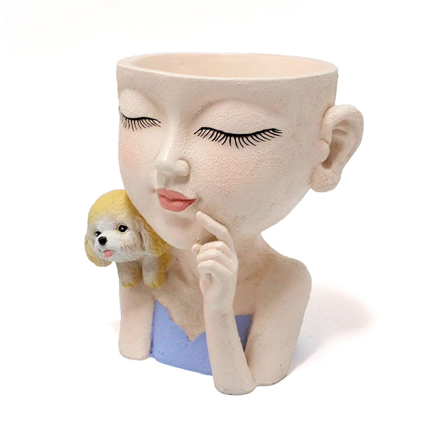 KOCNYDEY Face Flower Pot Cute Girl and Dog Planter Resin Lady face Head Planter Pot Closed Eyes Planter Pot with Drainage Hole Succulent Planter Pot for Plants Flower Cactus Garden Indoor Outdoor