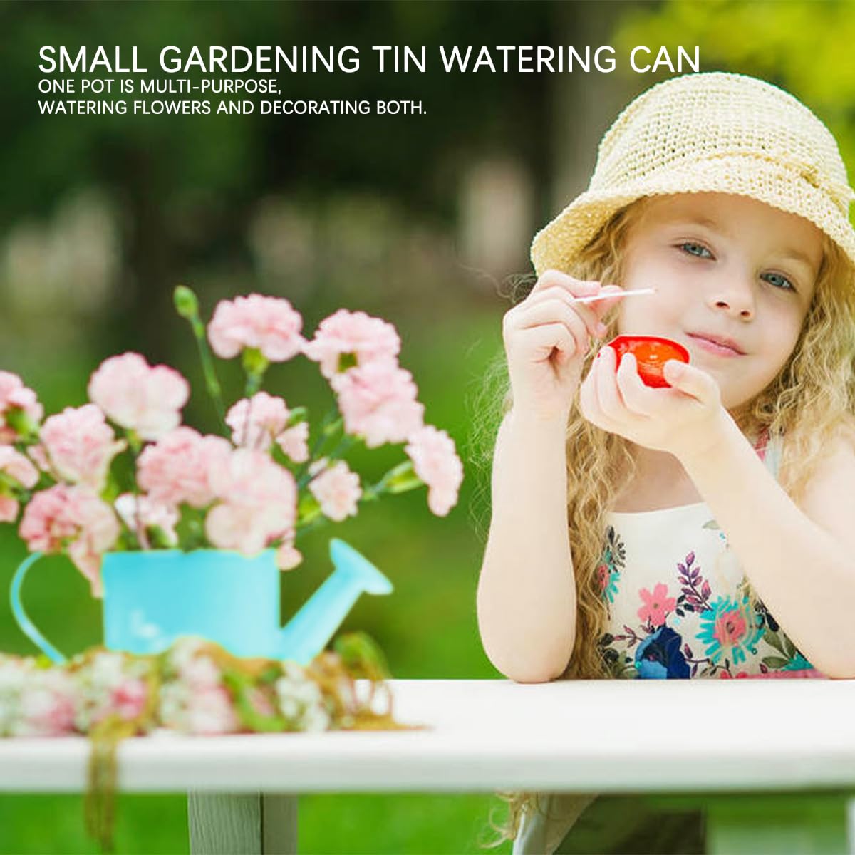 2Pcs Mini Watering Can Sprinkler Bucket for Kids Metal Gardening Water Pot for Outdoor and Indoor House Plants, Blue/Red/Cute Watering Can
