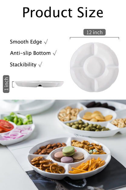 LAUCHUH Veggie Tray Set of 2, Porcelain Chip & Dip Serving Set Divided Serving Platter White Serving Tray for Father's Day Party, Fruits, Veggies, Candy, Snack, Dessert, 12 inch