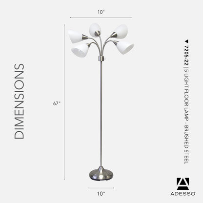 Adesso Floor Lamp with 5 Movable Shades & Adjustable Brightness, Brushed Steel Finish, Silver Perfect Lighting for Bedroom Decor, Beauty & Art Studio