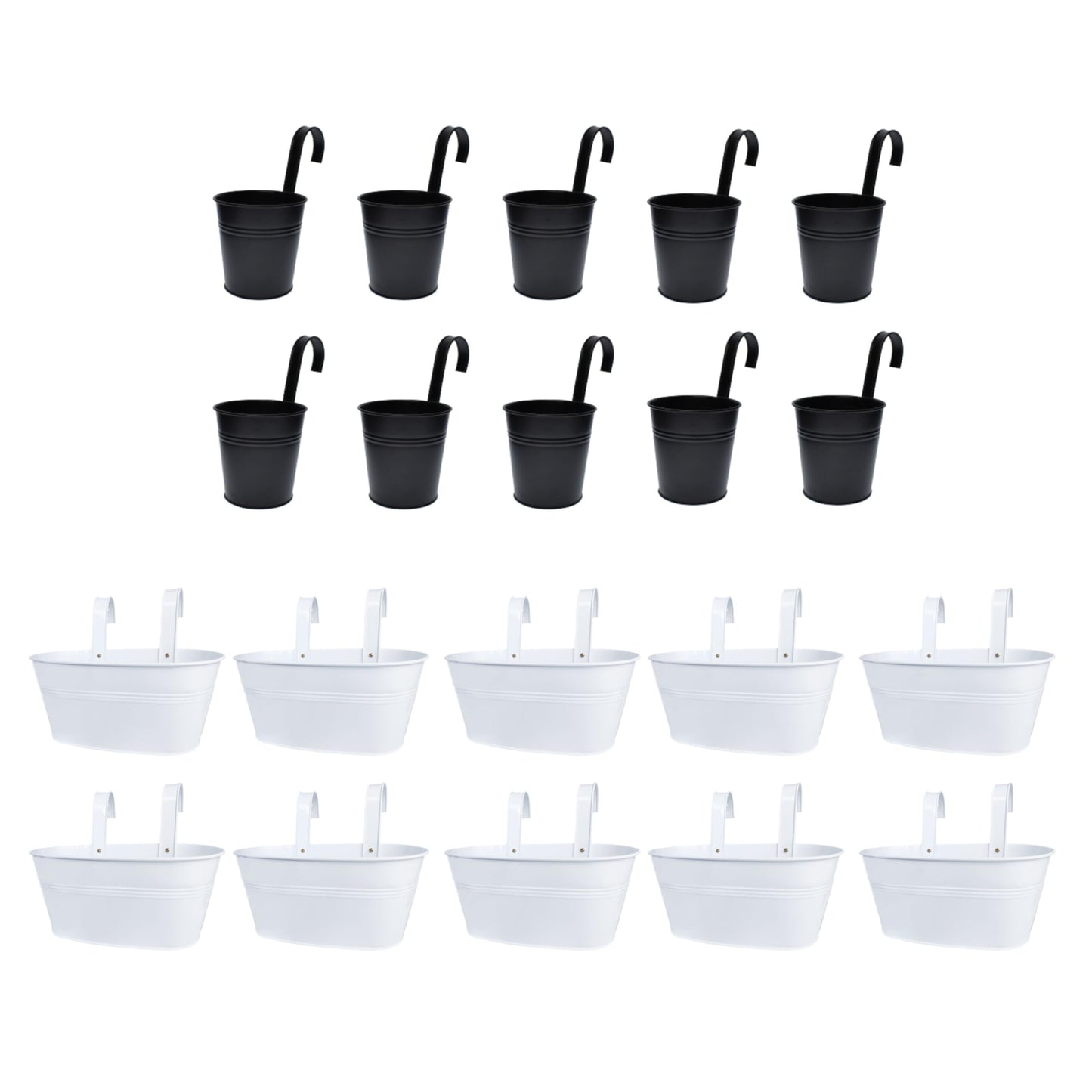 LaLaGreen Bundle- 10 Pack, 6 Inch Black + 10 Pack, 11.8 Inch White Metal Pot Wall Mount Hanging Window Flower Plant Herb Boxes Famhouse Style Balcony Garden Decor Outdoor Rail Fence Patio Porch Deck