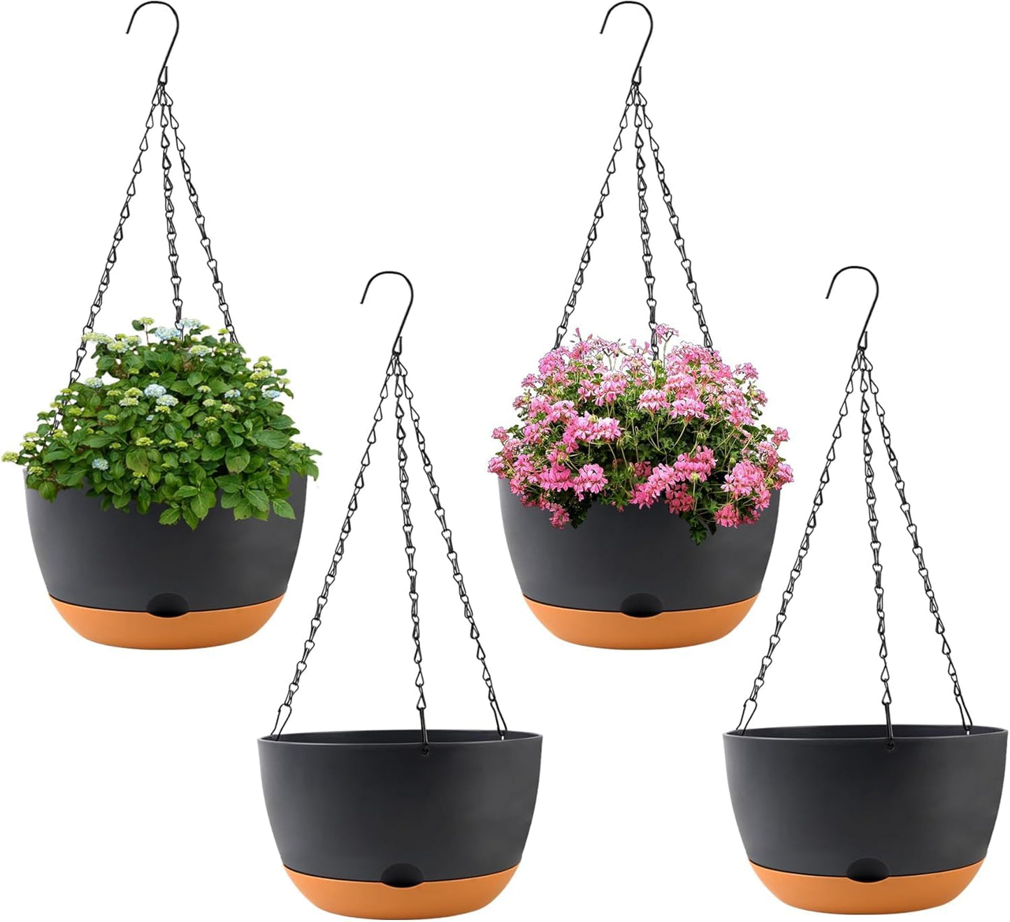 KPUVX 4 Pack Plastic Hanging pots for Plants Indoor,8 Inch Plant Pot Indoor Outdoor Hanging Baskets,Hanging Flower Pots with Drainage Holes and Chain for Garden Porch Plants(Black)