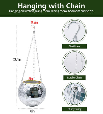 FGBNM Disco Ball Planter, 8" Silver Disco Ball Planter, Disco Ball Plant Hanger with Hanging Rope, Hanging Chain, Hook, Circle and Extra Mirror Pieces