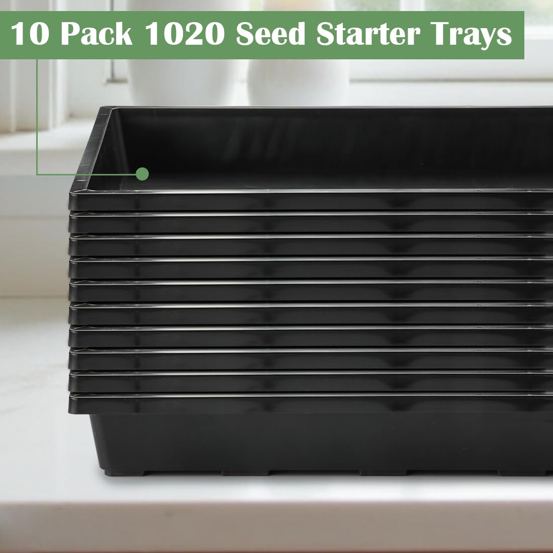 RooTrimmer 1020 Flat Seed Starter Trays 10 Pack, Plastic Nursery Pots Trays & Seeds Potting Plants Tray, Durable Carrying Seedling Starting Tray for Planting (Black)