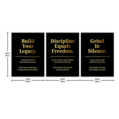 PSYYSP 3 Piece Canvas Wall Art Discipline Equals Freedom Posters, Black Gold Motivational Triptych Wall Decor for Office, Bedroom, Dorm, Study Room, Framed Canvas 36x16inch