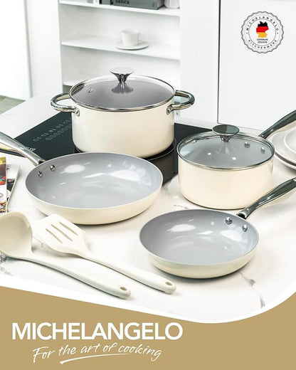 MICHELANGELO Pots and Pans Set Non Stick 8 Piece Ceramic Cookware Set Cream | PFAS-Free Cream Ceramic Nonstick Cookware Set for Eggs, Pancakes, Sauces, Low-Oil Cooking and Induction Ready, Fast Cleanup