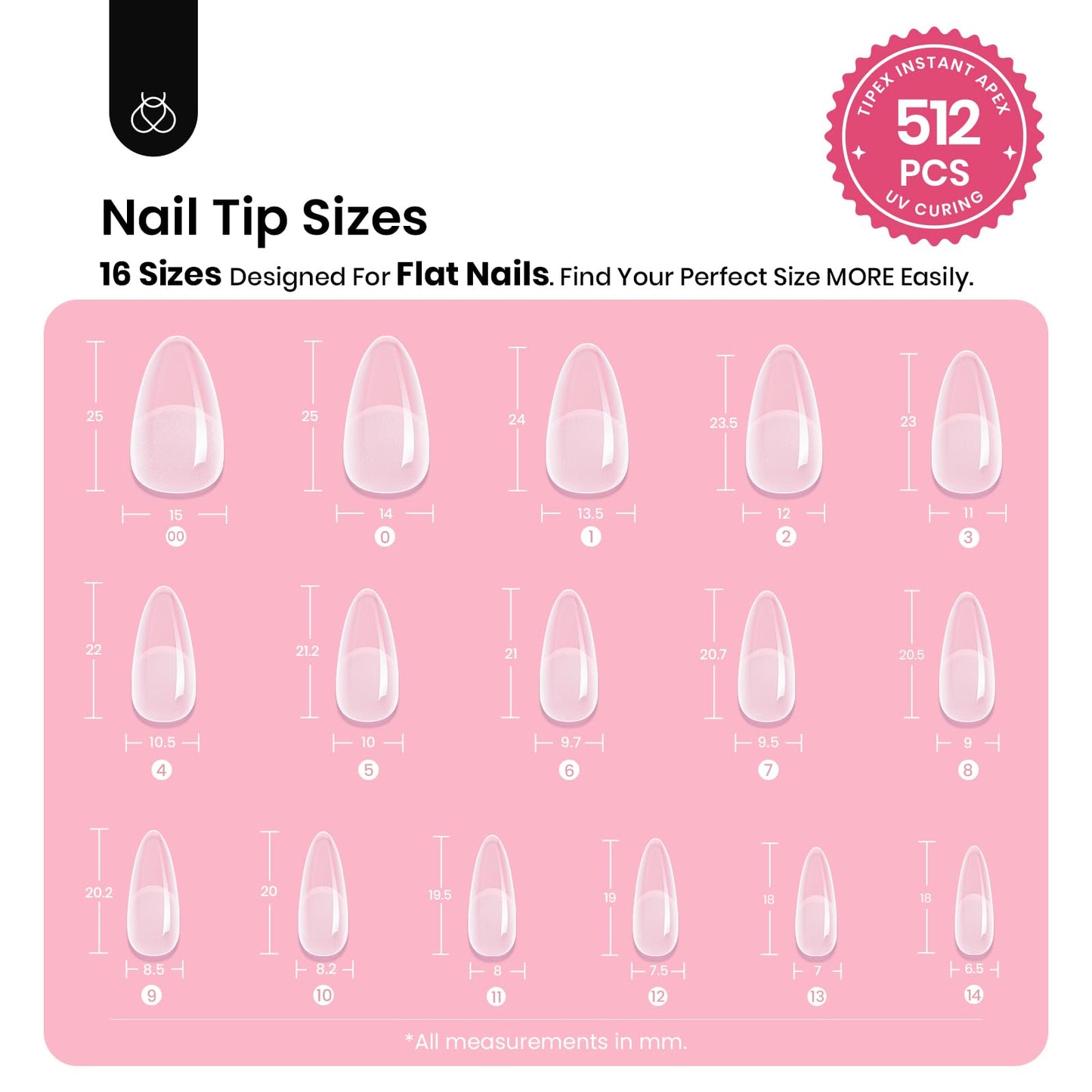 Beetles Tipex Gel Nail Kit, Medium Almond Nail Tips 224 Pcs 16 Sizes Pre-Building Pre-Etched Thick Acrylic Tips with Tipex Glue, Mini Lamp